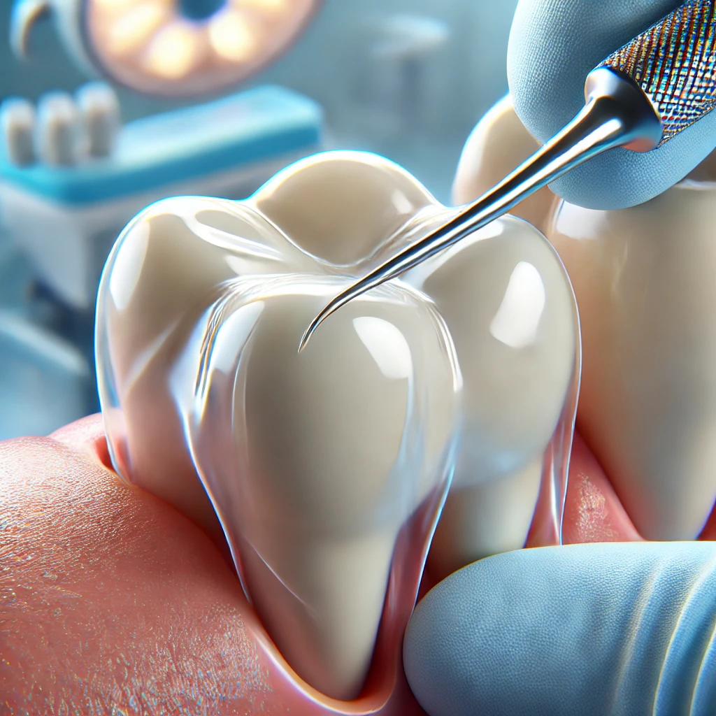 DALL·E 2024-09-11 20.42.28 - A close-up image showing the application of dental sealants on molar teeth. The picture highlights a tooth being sealed with a clear protective layer,